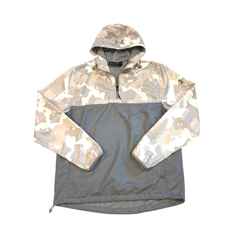 Under Armour Windbreaker Mens Med Gray Camo Hooded Pullover 1/4 Zip Lightweight
